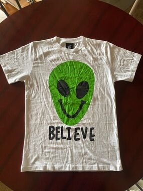 Lazy Oaf White Tee with Green Alien Smile Graphic